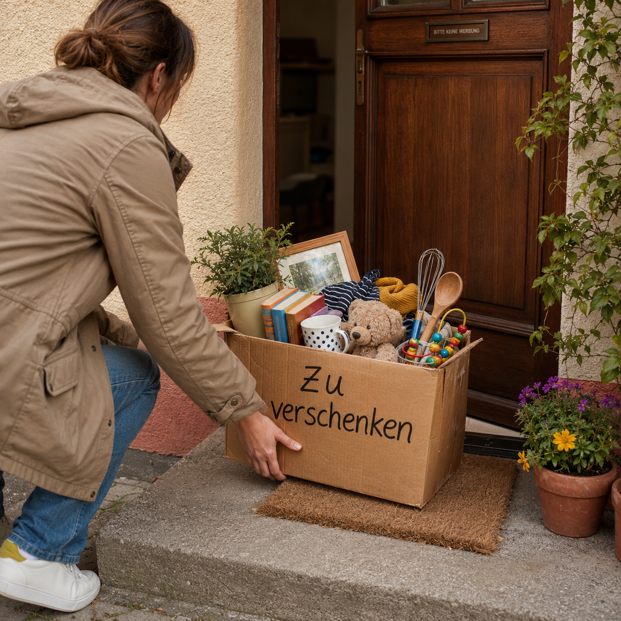 Person stellt eine Kiste mit Dingen zum Verschenken vor eine Haustür.