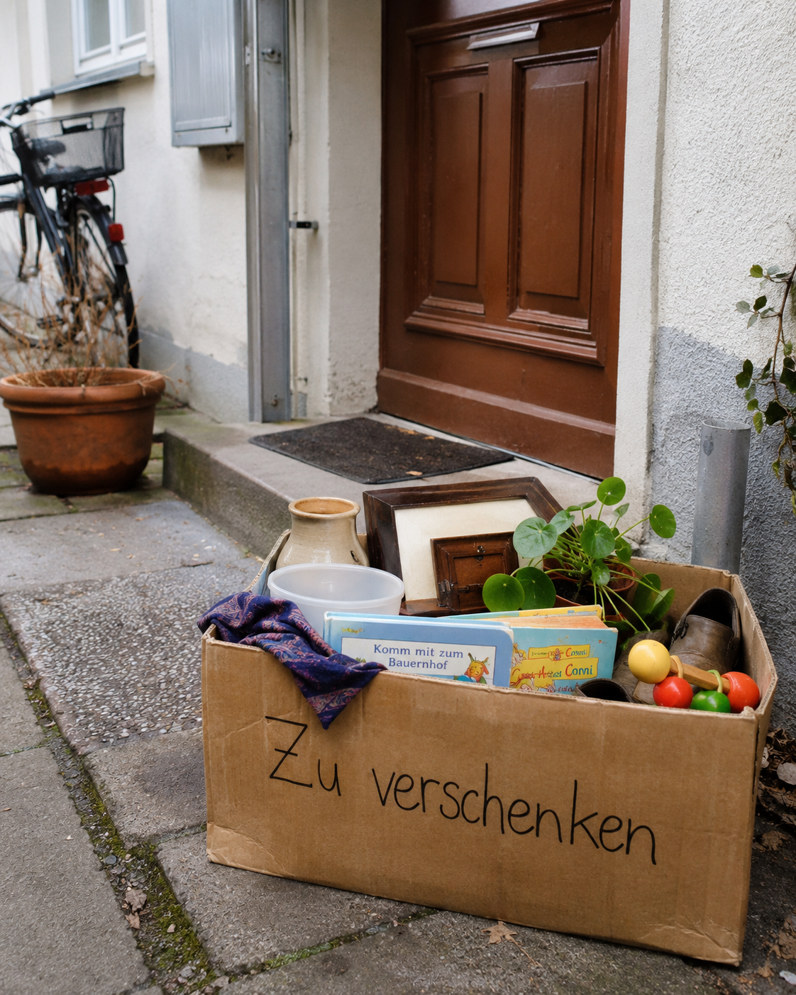 Gepackte Zu-verschenken-Kiste mit Kinderbüchern, Pflanze, Bildern und kleinen Gegenständen im Hof.